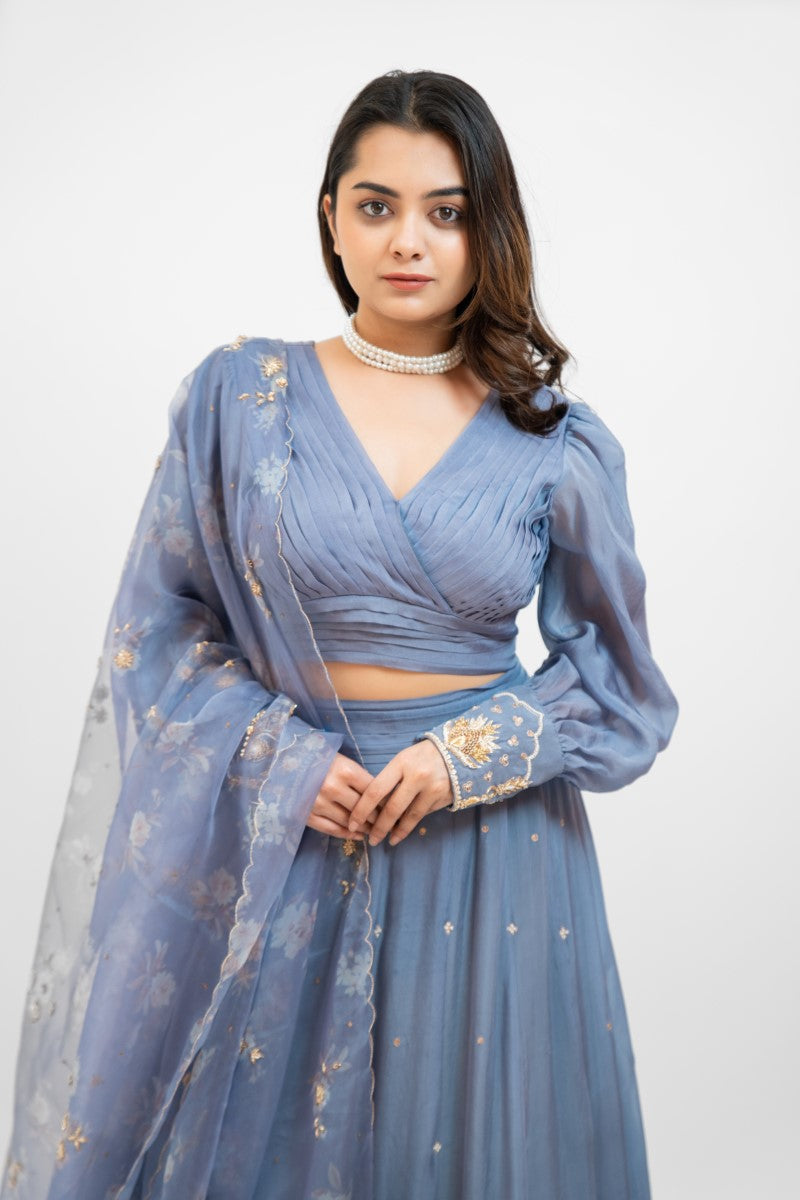 Greyish blue embroidered lehenga