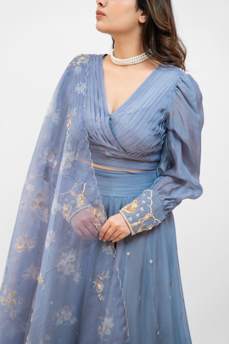 Greyish blue embroidered lehenga