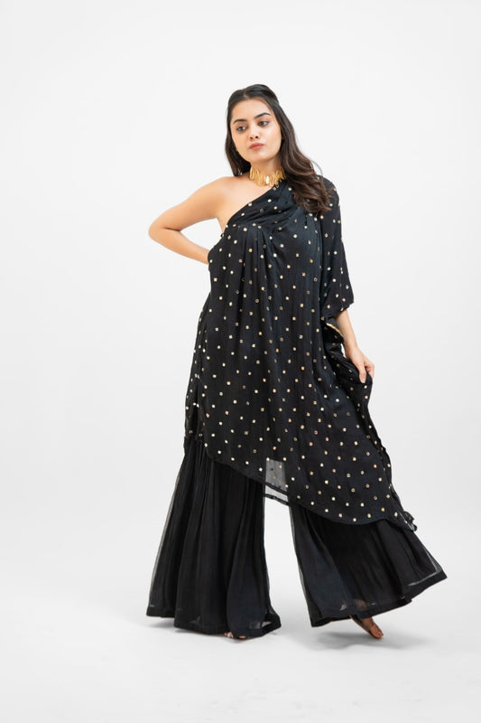 Black embroidered one shoulder top with sharara