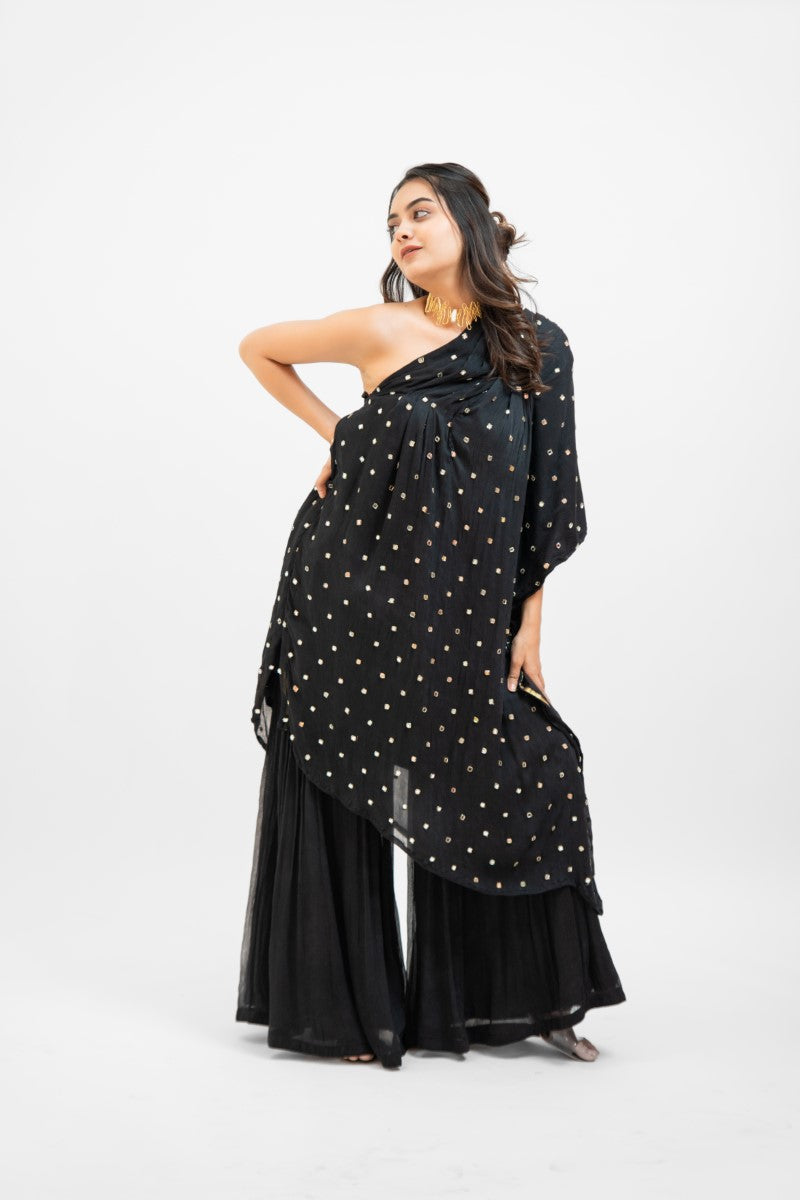 Black embroidered one shoulder top with sharara