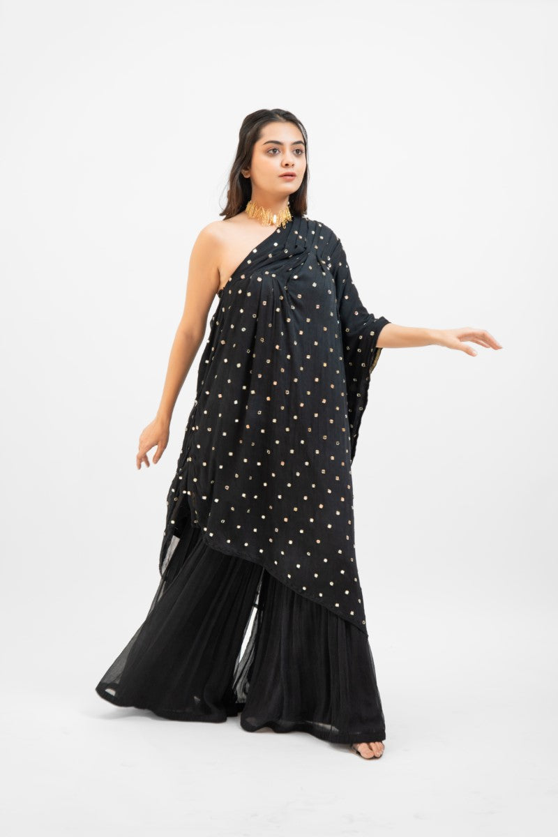 Black embroidered one shoulder top with sharara