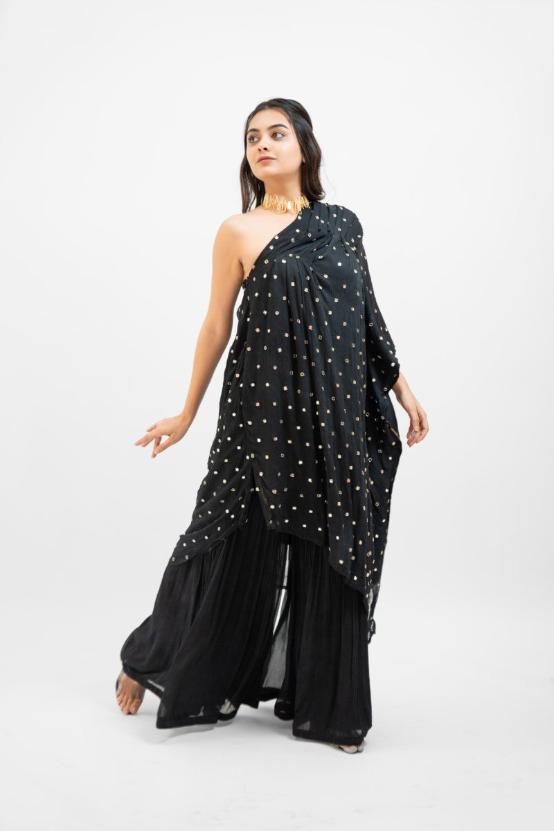 Black embroidered one shoulder top with sharara