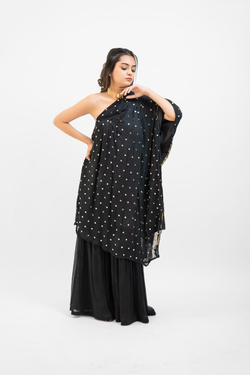 Black embroidered one shoulder top with sharara