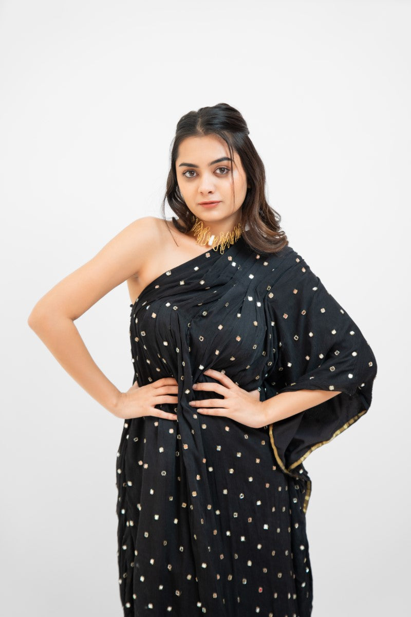 Black embroidered one shoulder top with sharara