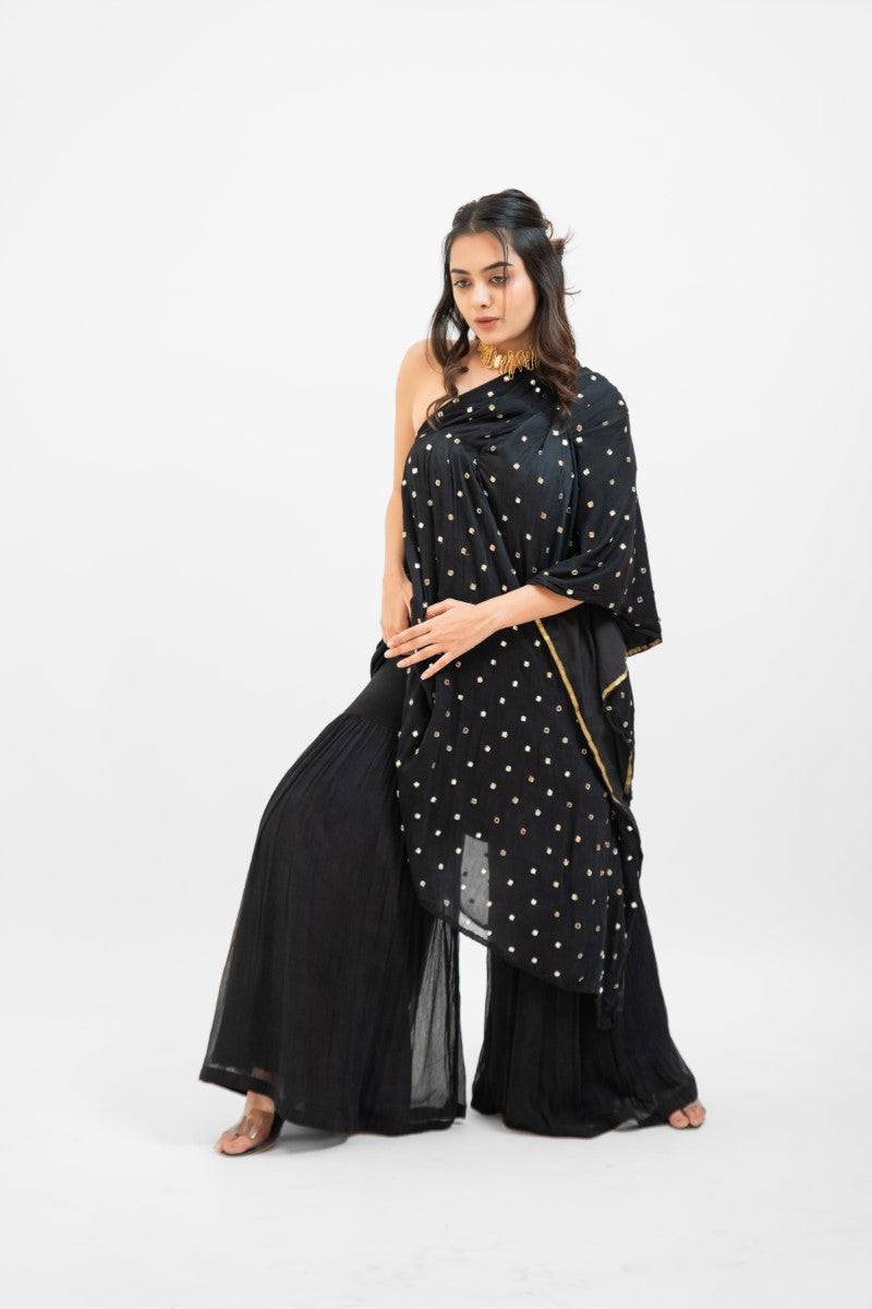 Black embroidered one shoulder top with sharara