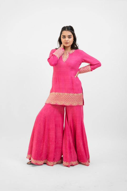 Pink matka silk embroidered gharara set