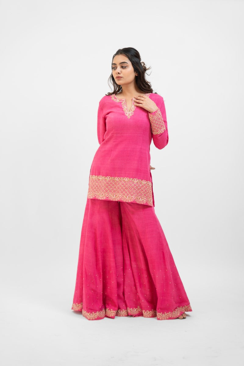 Pink matka silk embroidered gharara set