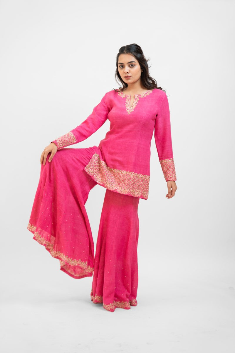 Pink matka silk embroidered gharara set