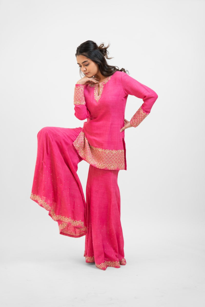 Pink matka silk embroidered gharara set