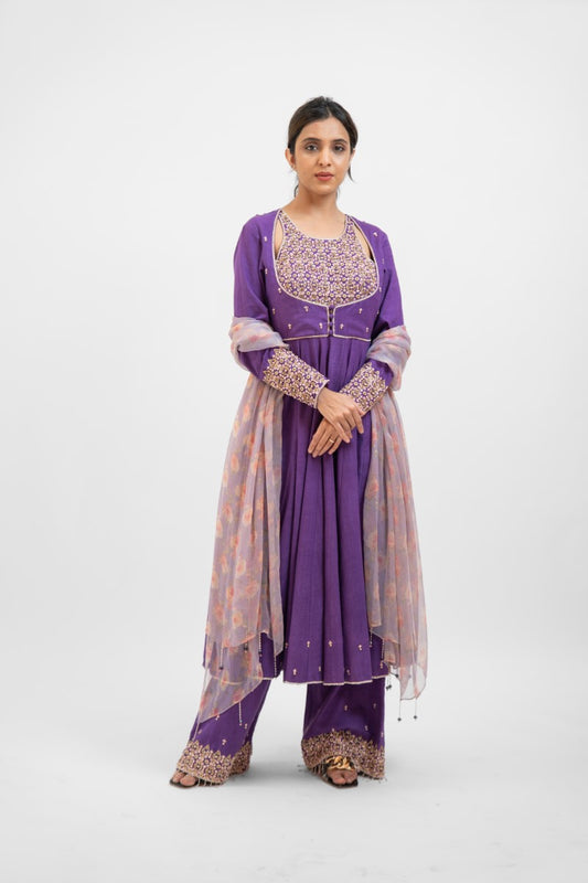 Purple kora silk hand embroidered Anarkali set