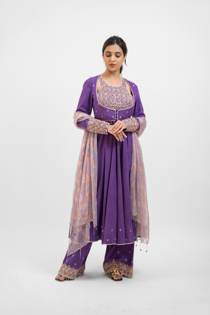 Purple kora silk hand embroidered Anarkali set