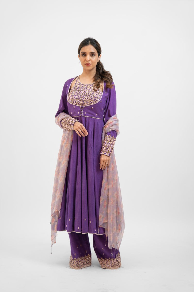 Purple kora silk hand embroidered Anarkali set