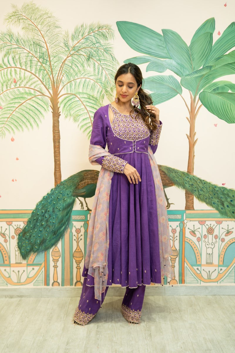 Purple kora silk hand embroidered Anarkali set