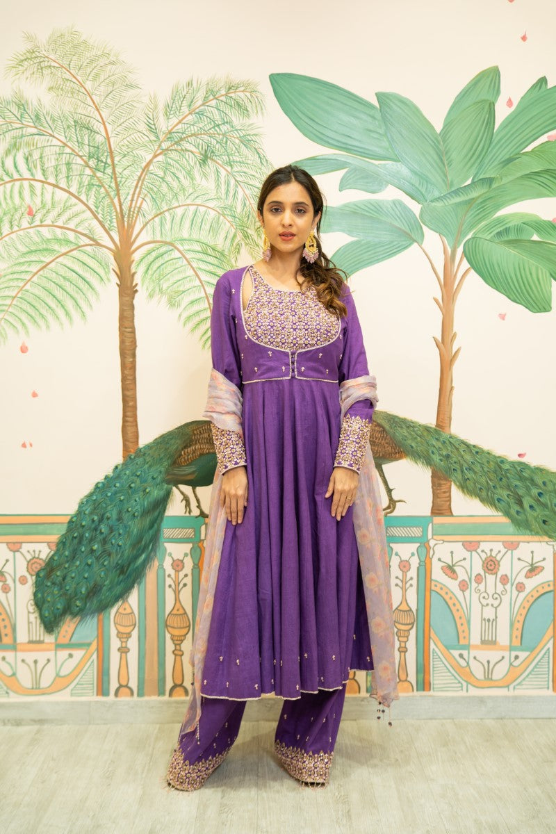 Purple kora silk hand embroidered Anarkali set