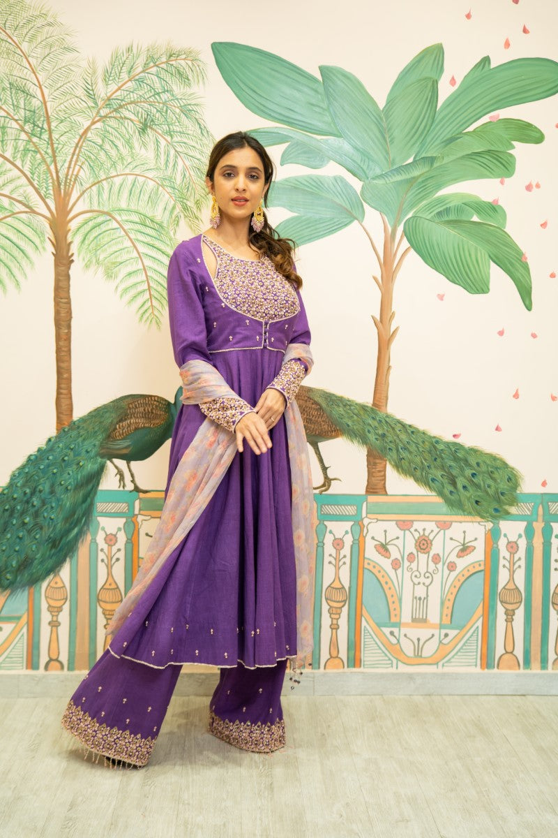 Purple kora silk hand embroidered Anarkali set