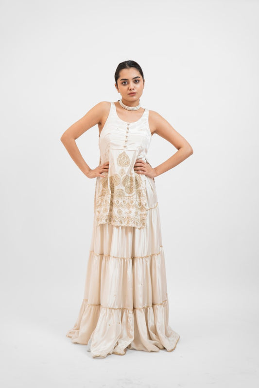 White satin embroidered sharara set