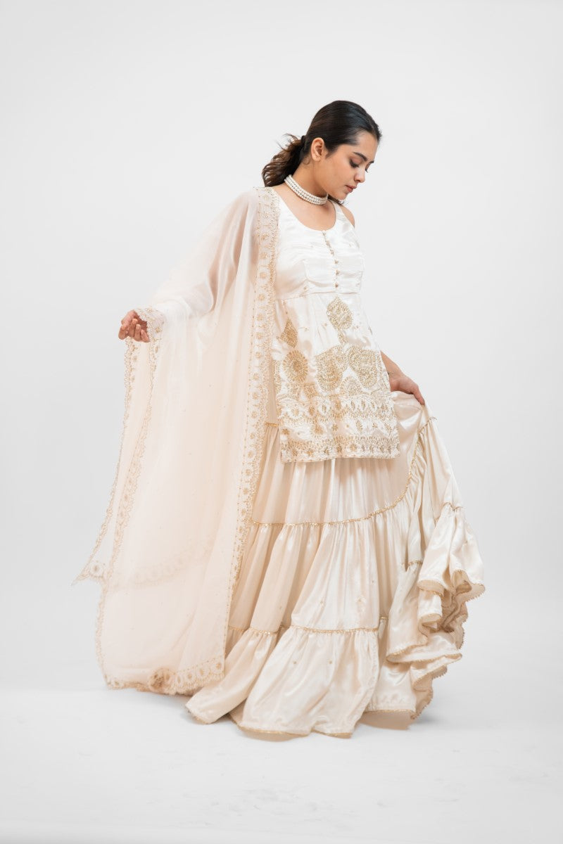 White satin embroidered sharara set