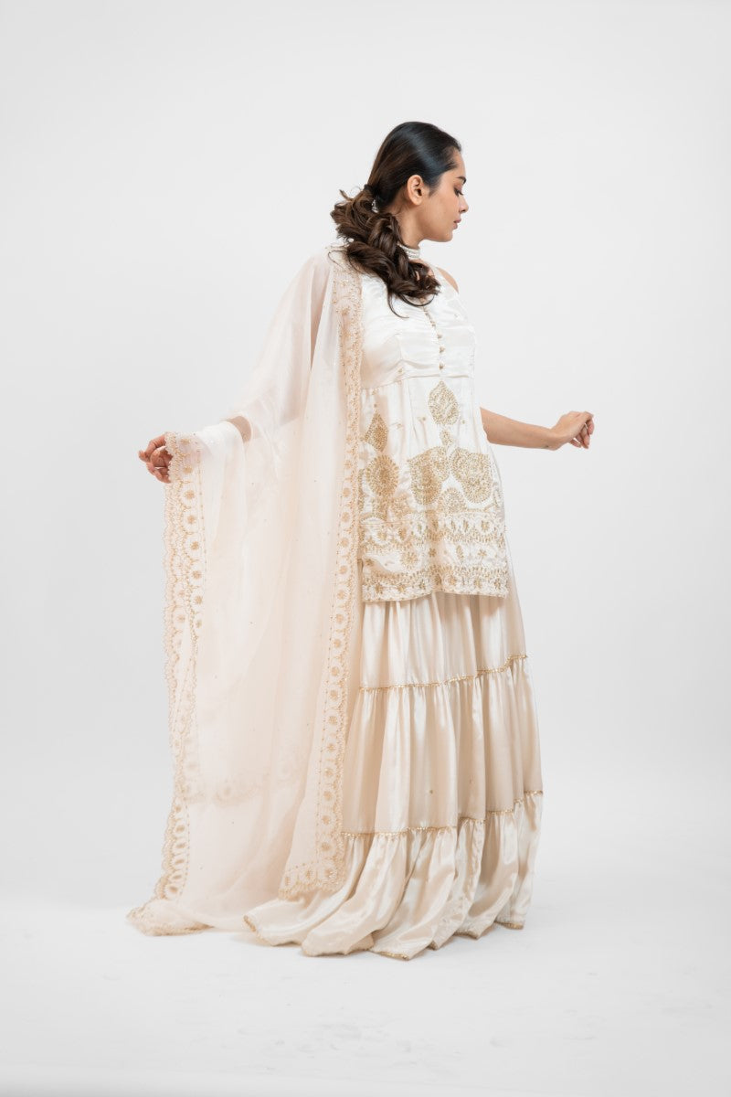 White satin embroidered sharara set