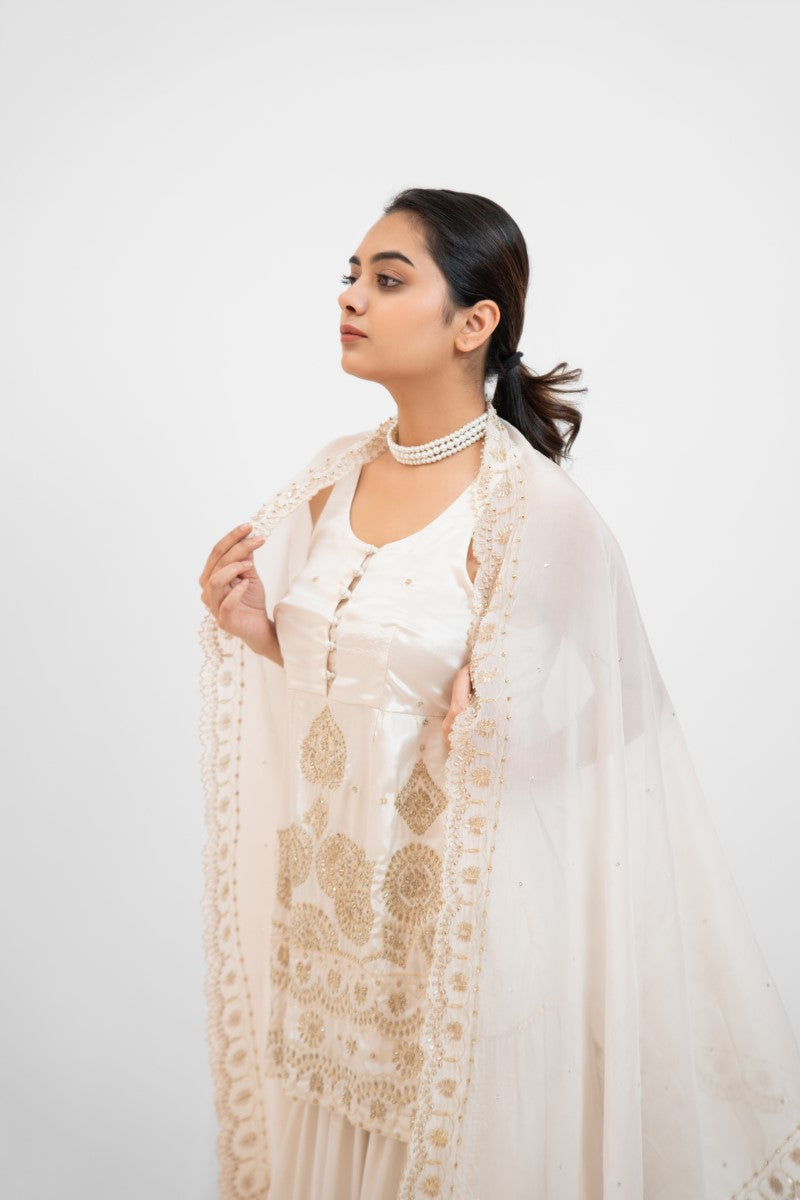 White satin embroidered sharara set