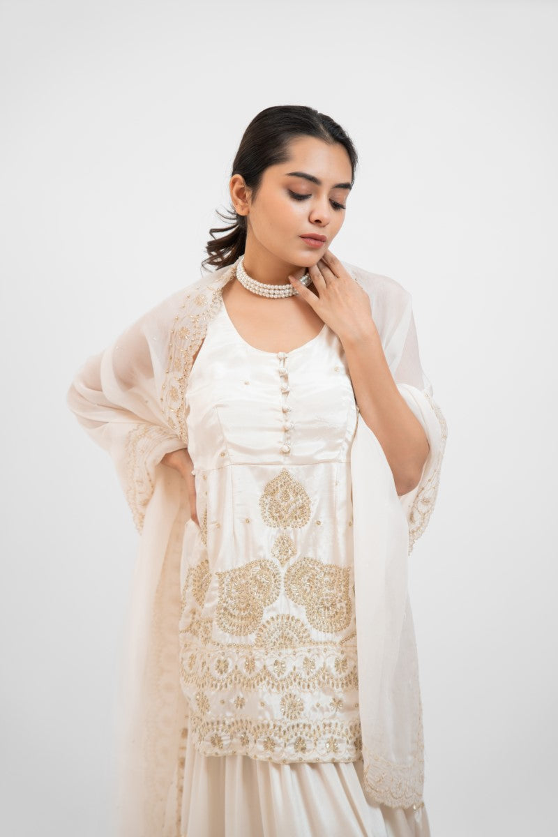 White satin embroidered sharara set