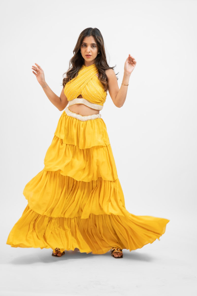 Yellow overlap crop top with layered skirt