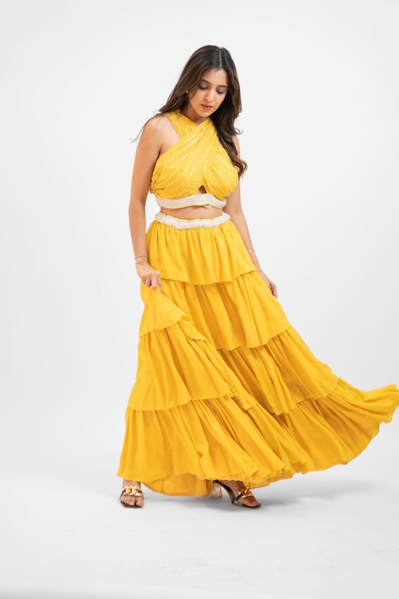 Yellow overlap crop top with layered skirt