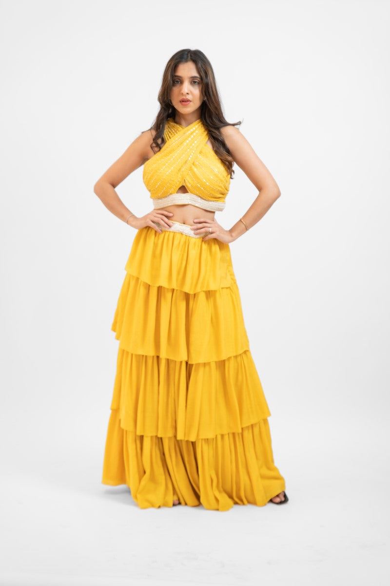 Yellow overlap crop top with layered skirt