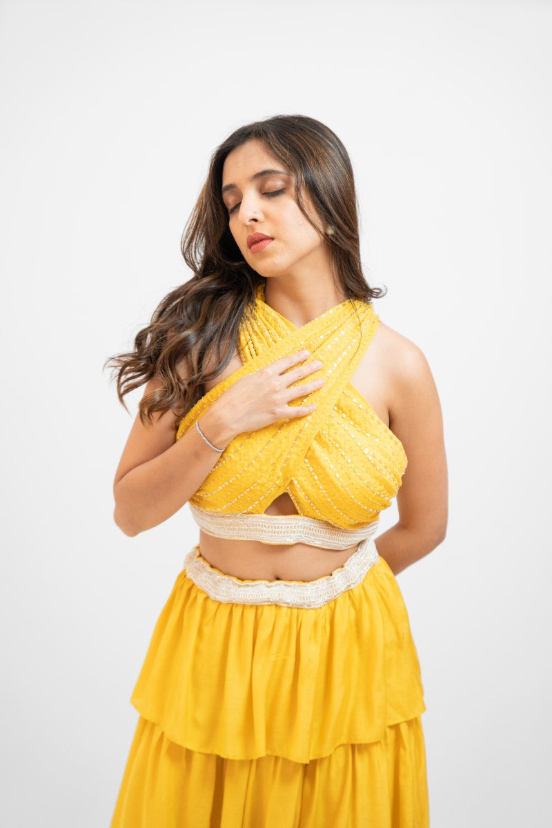 Yellow overlap crop top with layered skirt