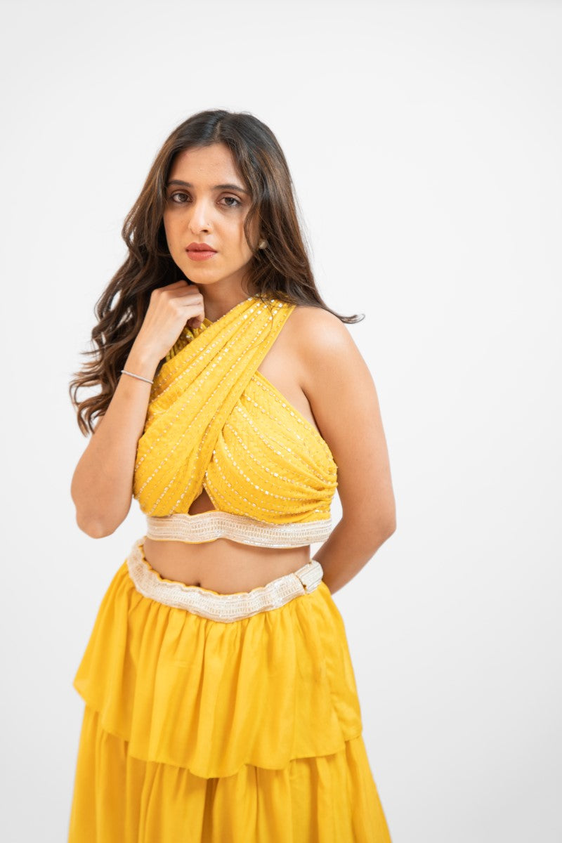 Yellow overlap crop top with layered skirt