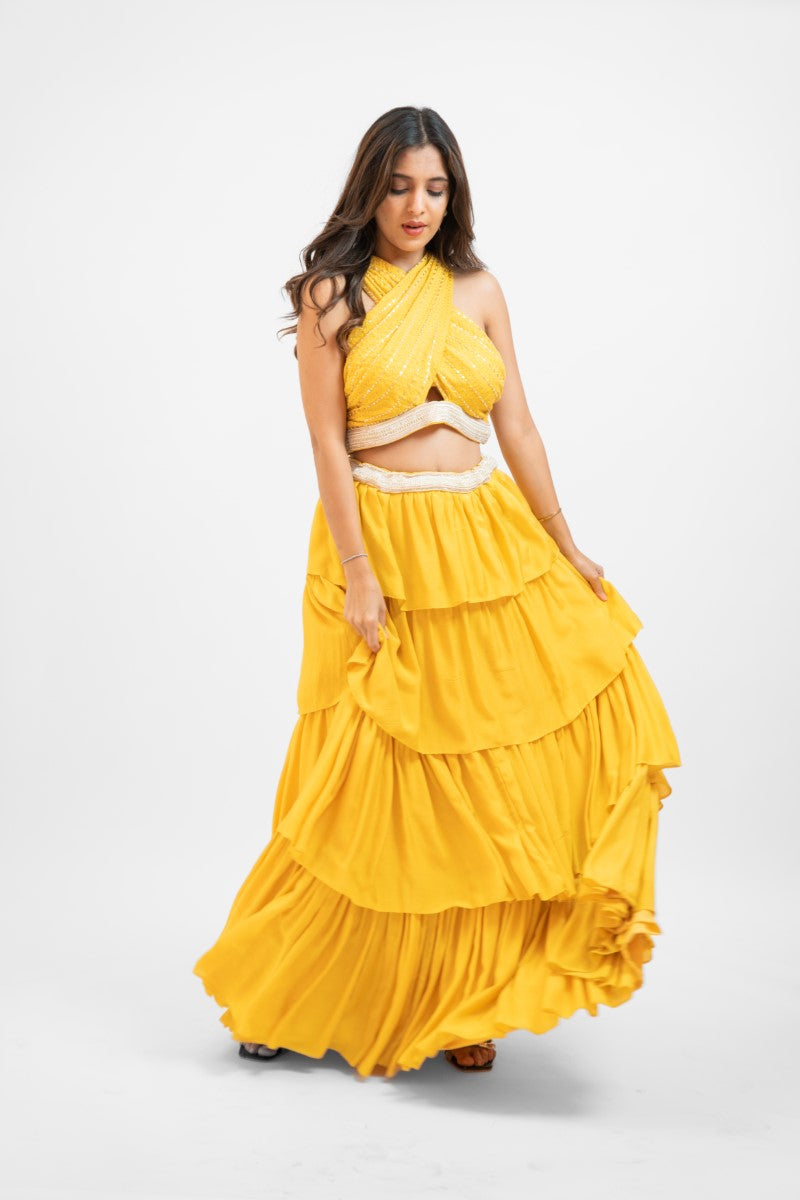 Yellow overlap crop top with layered skirt