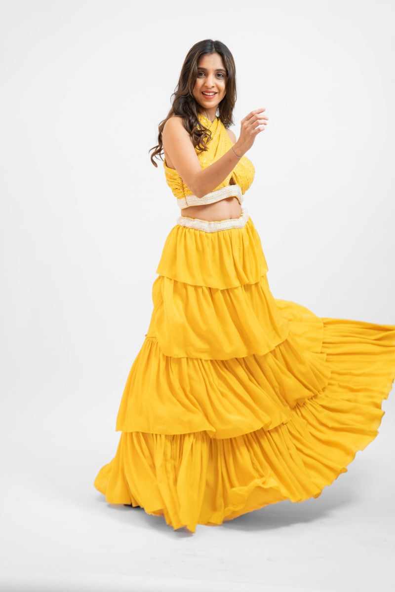 Yellow overlap crop top with layered skirt