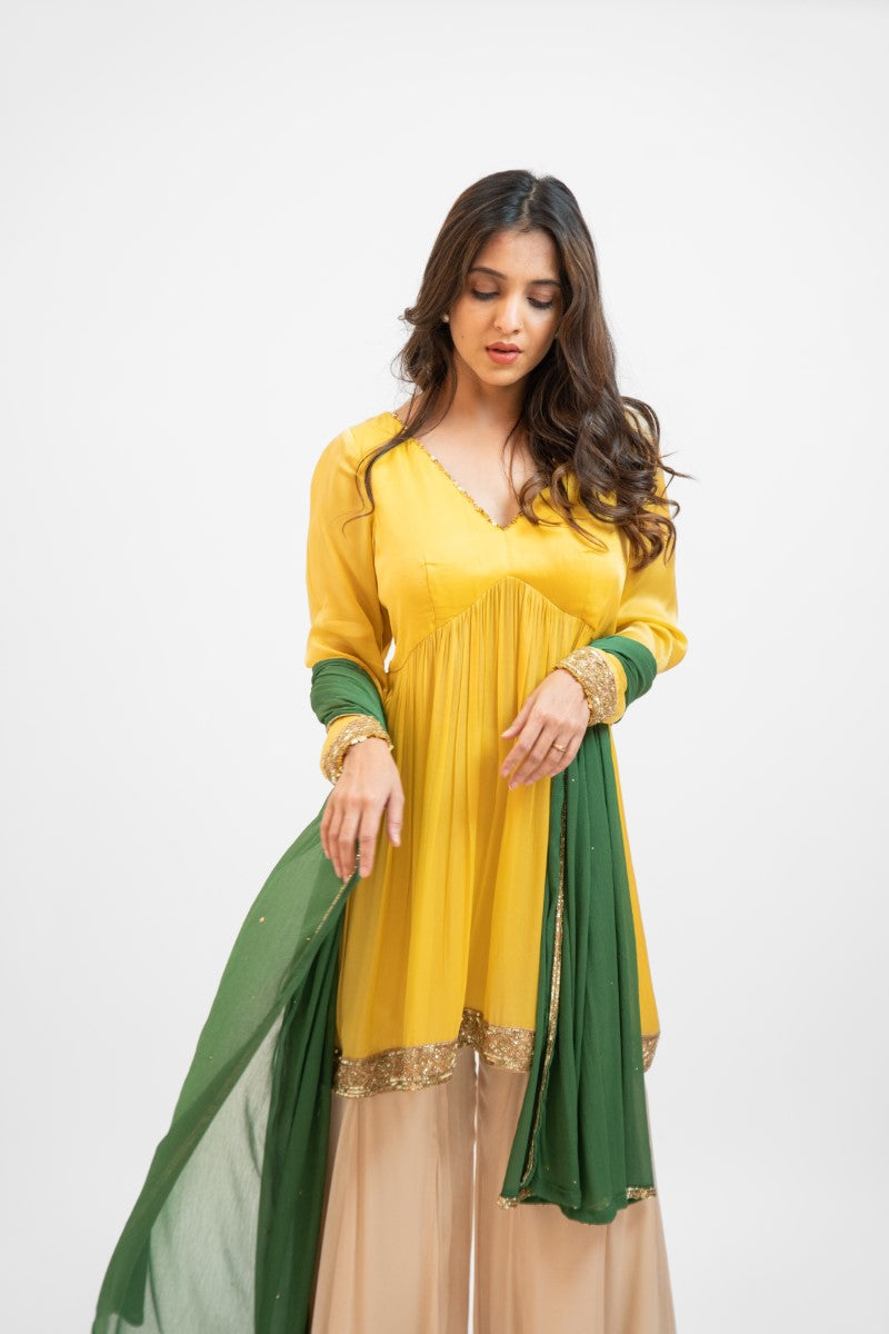 Yellow overlap crop top with layered skirt