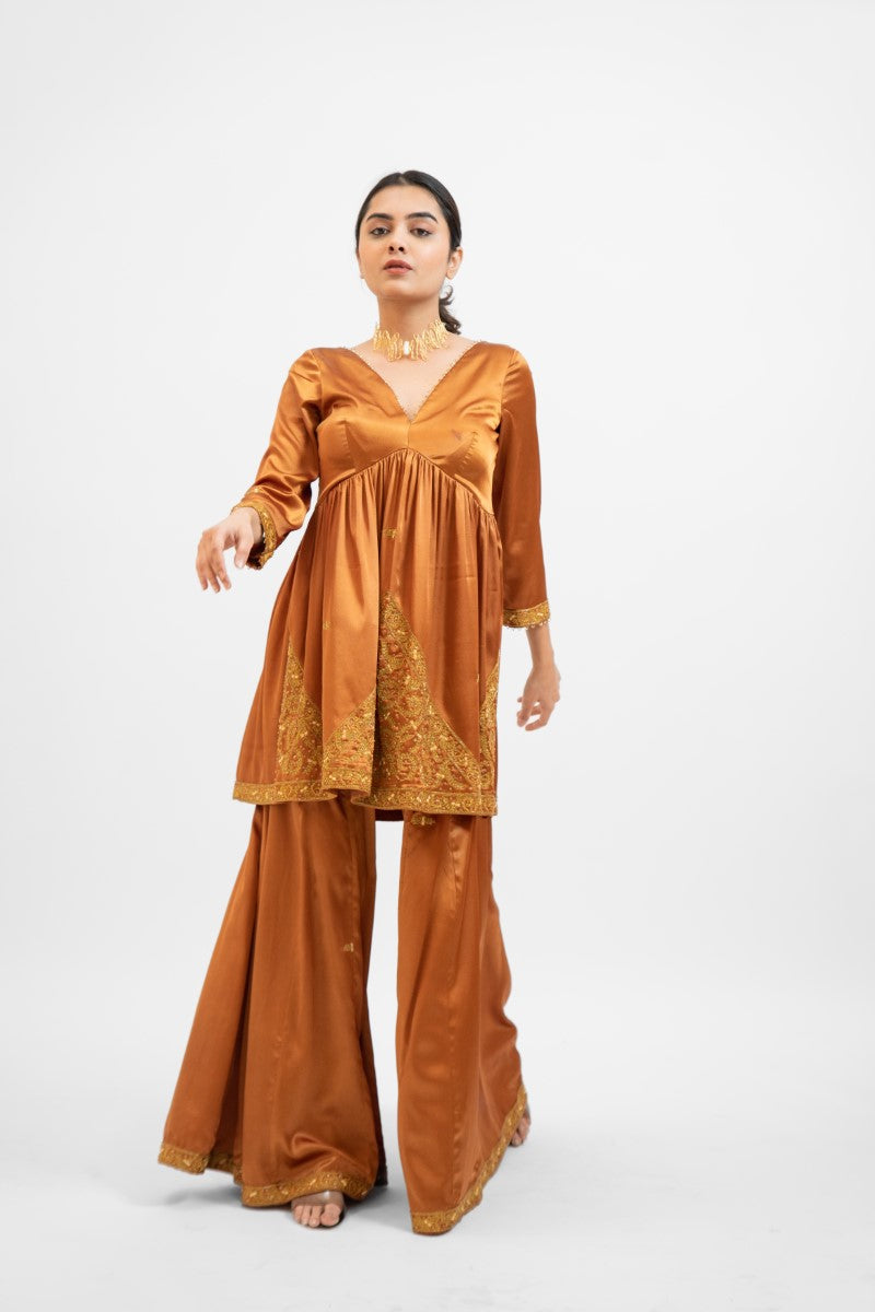 Copper brown embroidered sharara set