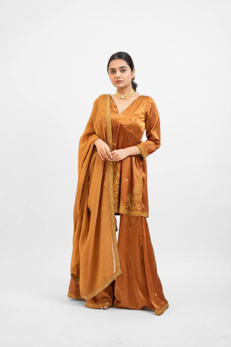 Copper brown embroidered sharara set