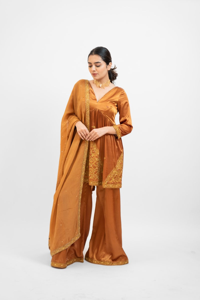 Copper brown embroidered sharara set