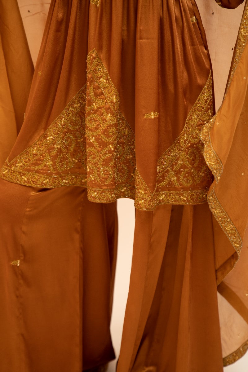 Copper brown embroidered sharara set