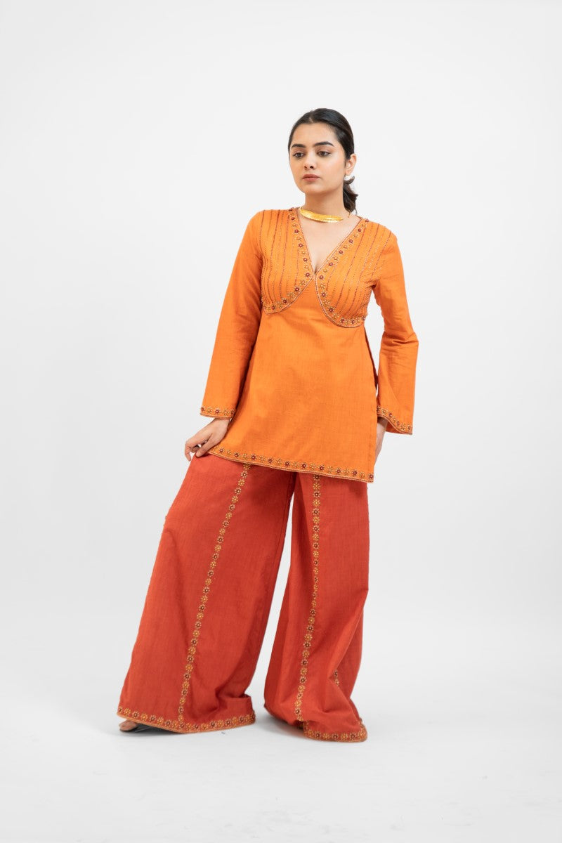 Rust orange embroidered palazzo set