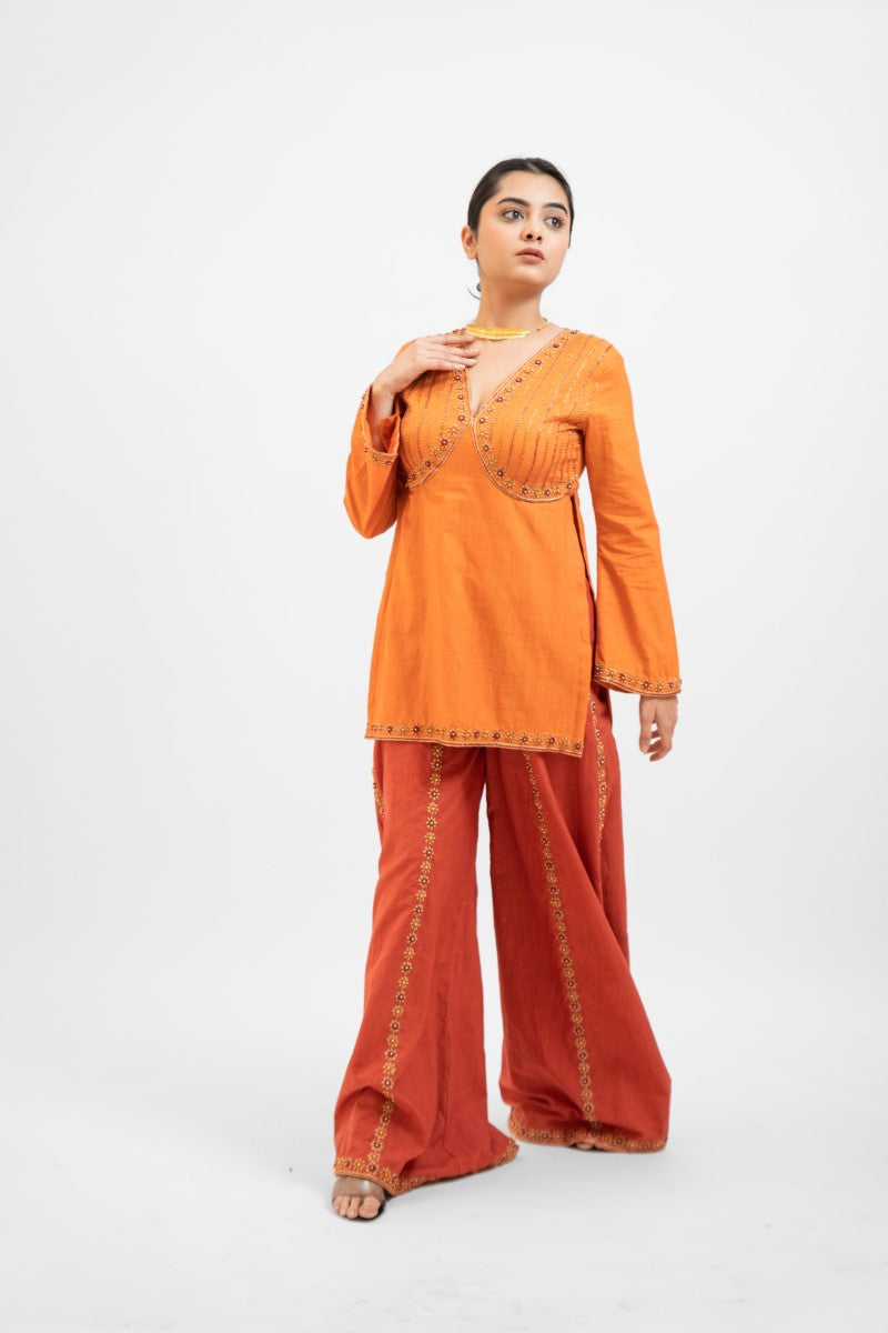 Rust orange embroidered palazzo set