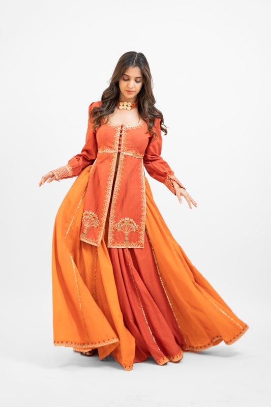 Rust orange embroidered panel top with skirt