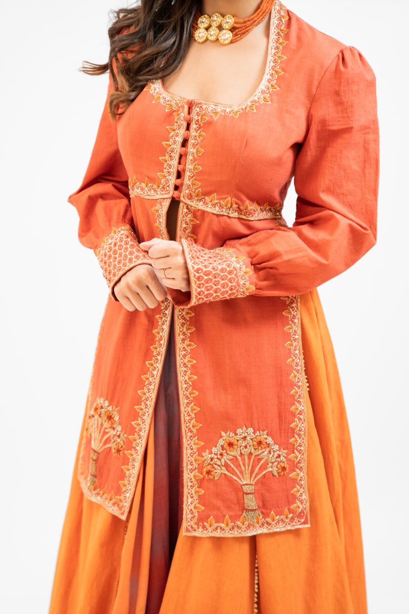 Rust orange embroidered panel top with skirt