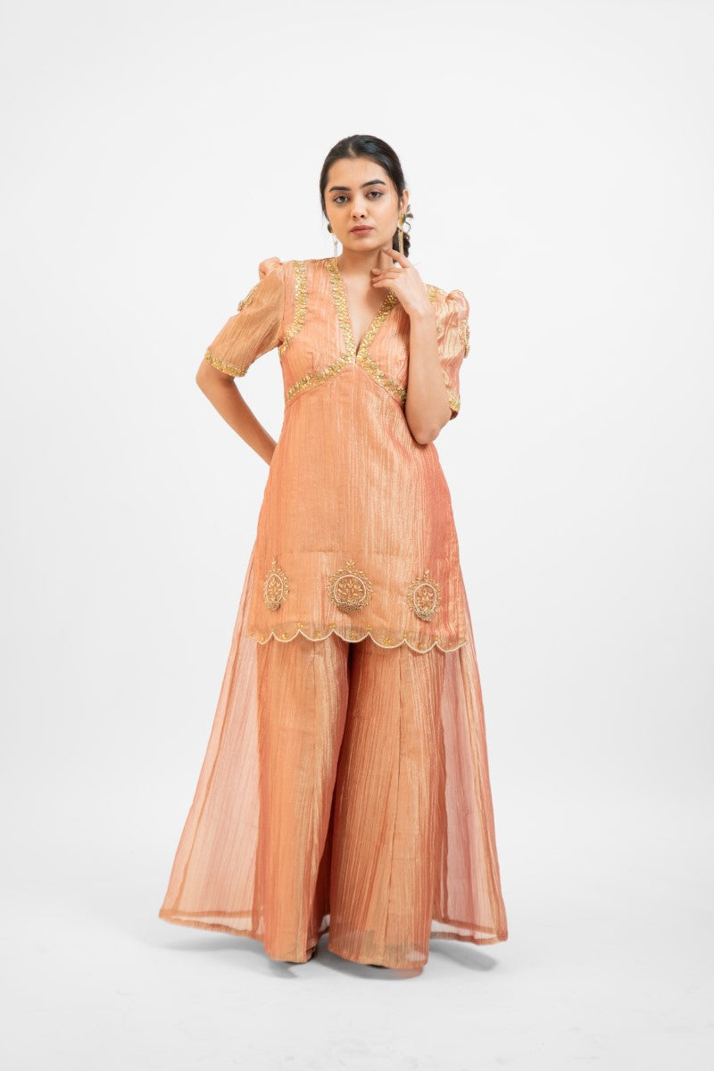 Peachy pink tissue organza embro gharara set