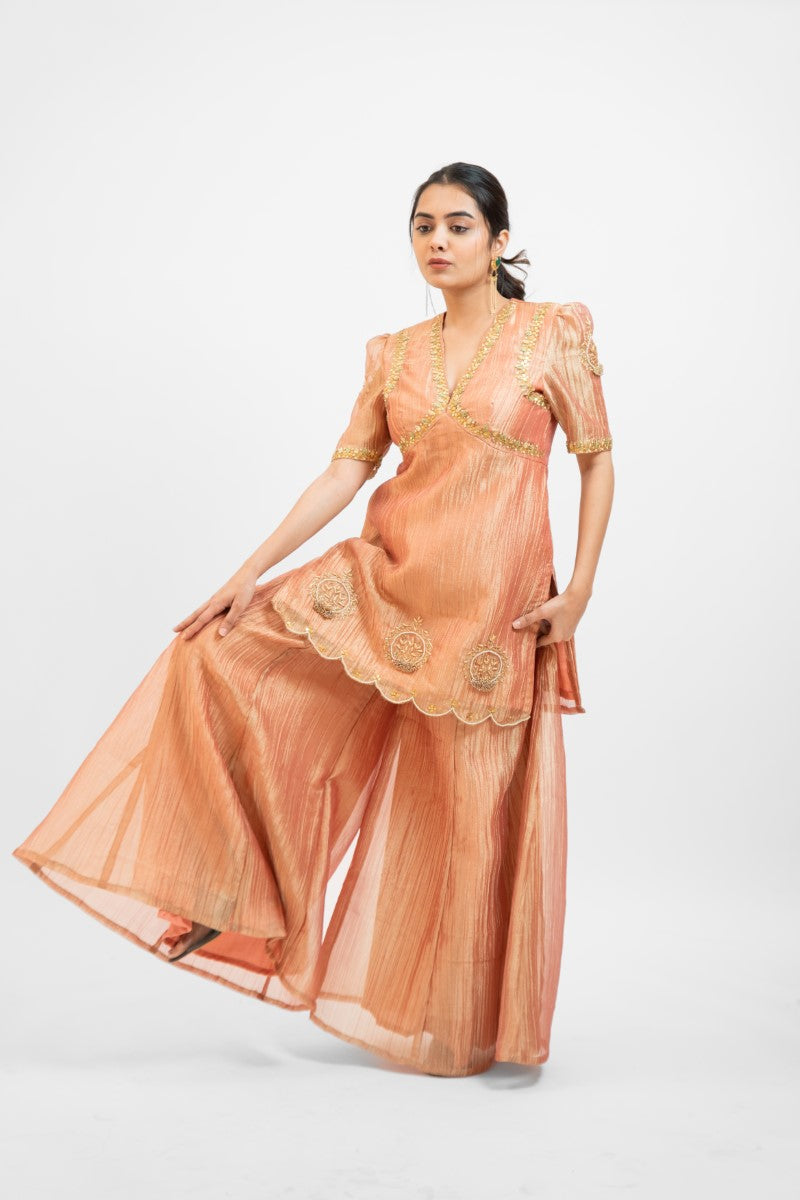 Peachy pink tissue organza embro gharara set