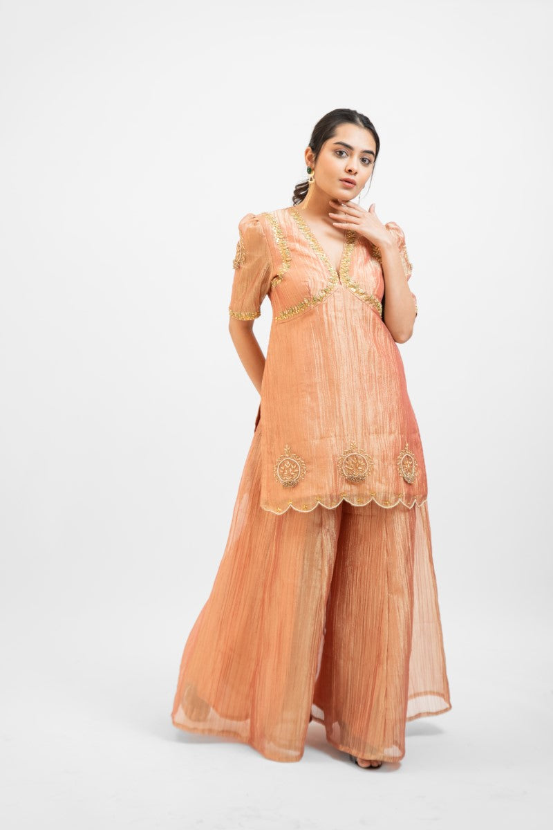 Peachy pink tissue organza embro gharara set