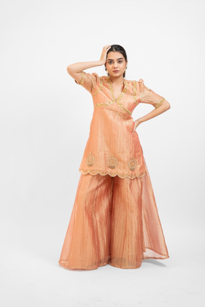 Peachy pink tissue organza embro gharara set