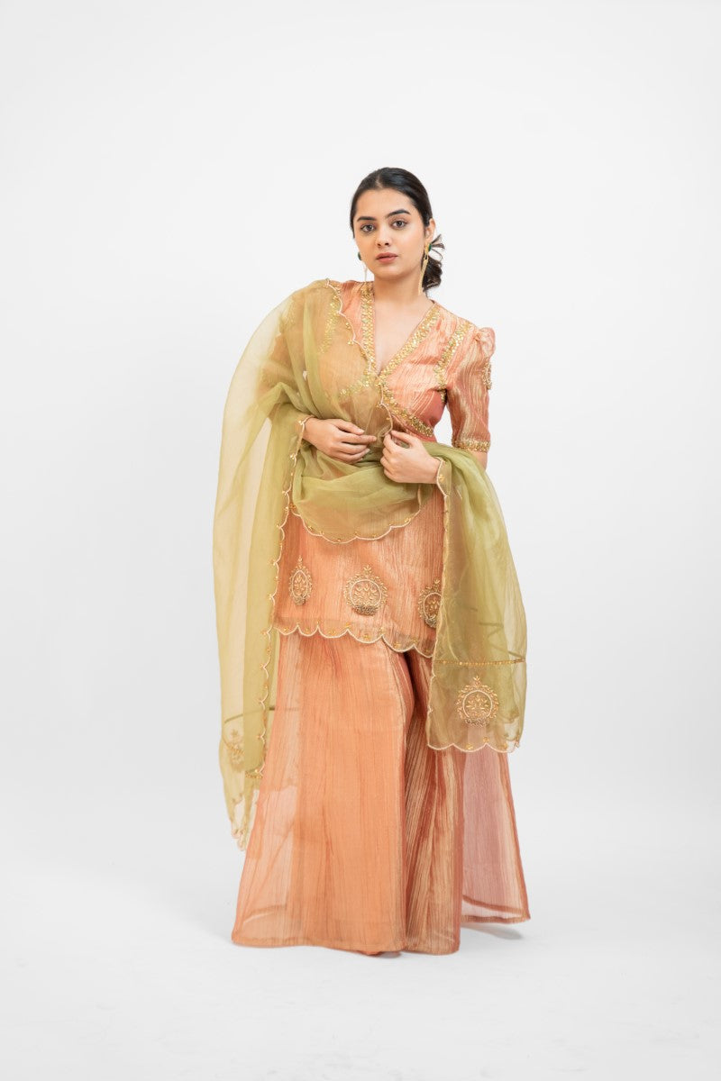 Peachy pink tissue organza embro gharara set