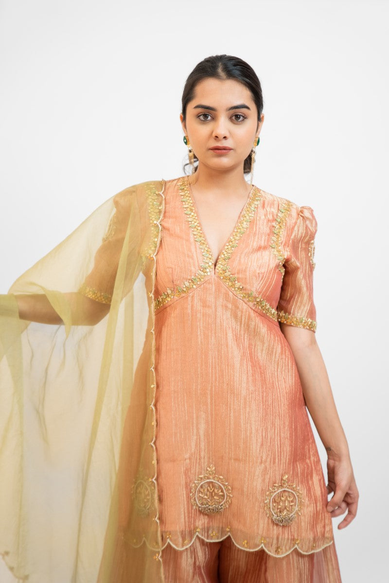 Peachy pink tissue organza embro gharara set