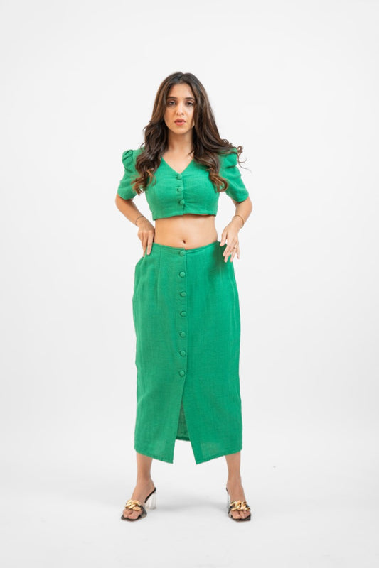 Green A-line skirt with crop top