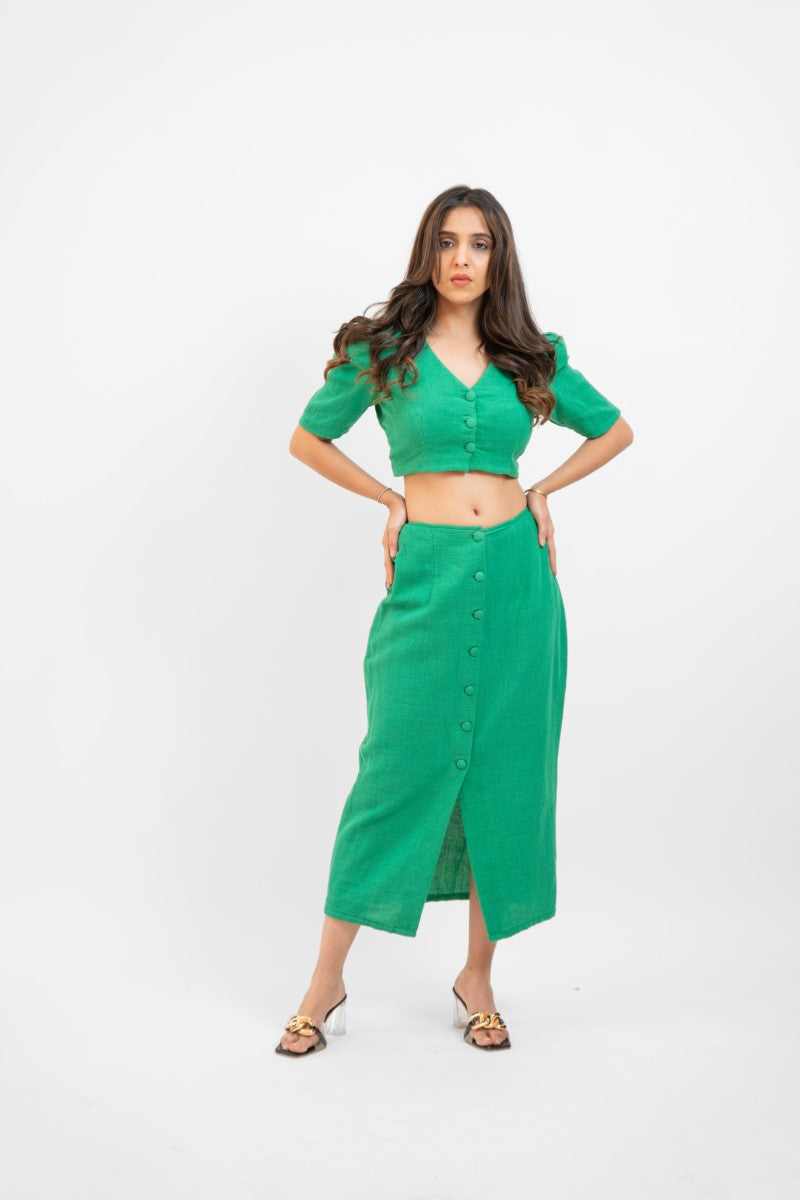 Green A-line skirt with crop top