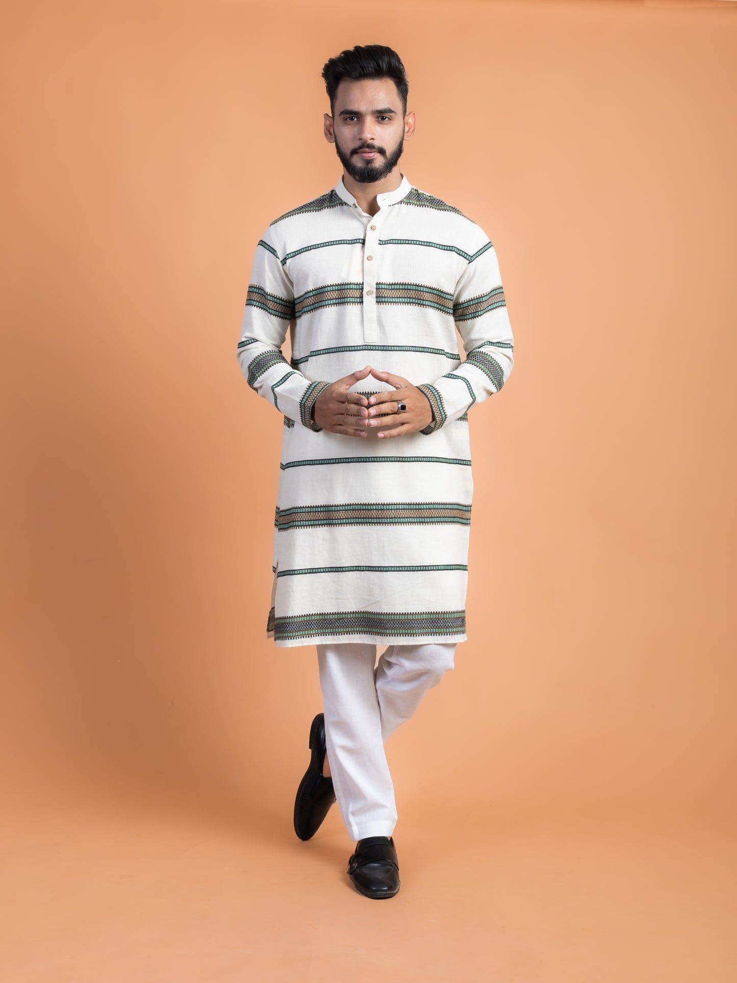 Green and white woven kurta