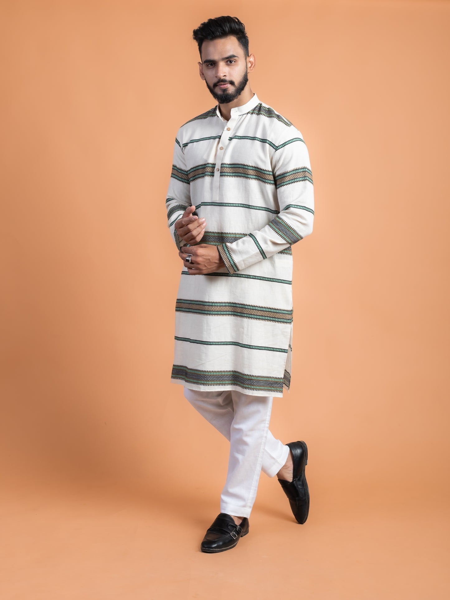 Green and white woven kurta